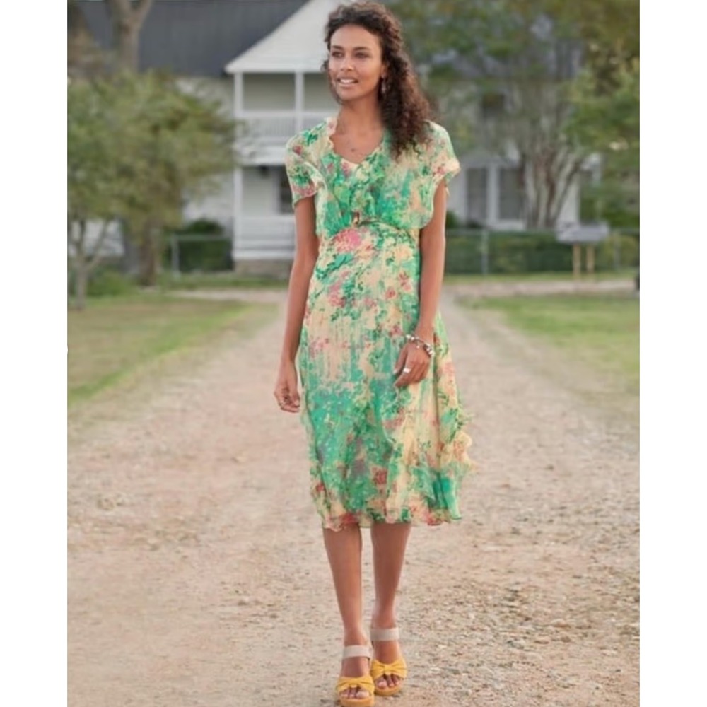 Sundance Elysian Silk Chiffon Floral Sz 6 Midi Dress Flutter Sleeve Whimsy